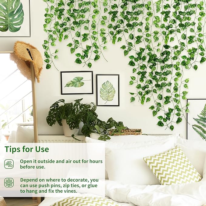 Artificial Ivy Garland – 144 Ft (24- pack)Greenery Vines for Wall, Bedroom, Wedding &amp; Jungle Theme Party