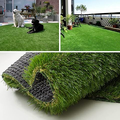Collage of artificial grass used on a balcony and with dogs, and a roll of artificial grass on a white surface.