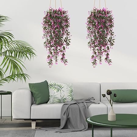 TOCHGREEN 4 Pcs Artificial Hanging Fern Vine with Rose Red Flowers – Faux Greenery Garland for Indoor &amp; Outdoor Wall, Garden &amp; Home