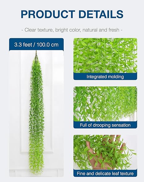 3.3 Ft (5-Pack) Artificial Hanging Willow Vines – Lush Green Faux Leaves for Indoor/Outdoor Decoration, Weddings &amp; Photography (No Basket)