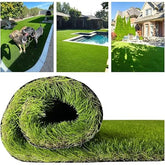 Roll of artificial grass with outdoor settings featuring a pool, house, and dogs.