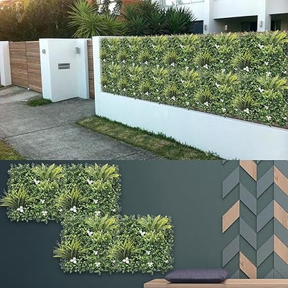 Artificial Greenery Wall Panels – 50x50 cm Faux Grass Backdrop with 3D Mixed Boxwood &amp; Ivy | Privacy Screen for Indoor &amp; Outdoor Décor | UV-Resistant Green Hedge for Bangalore Spaces