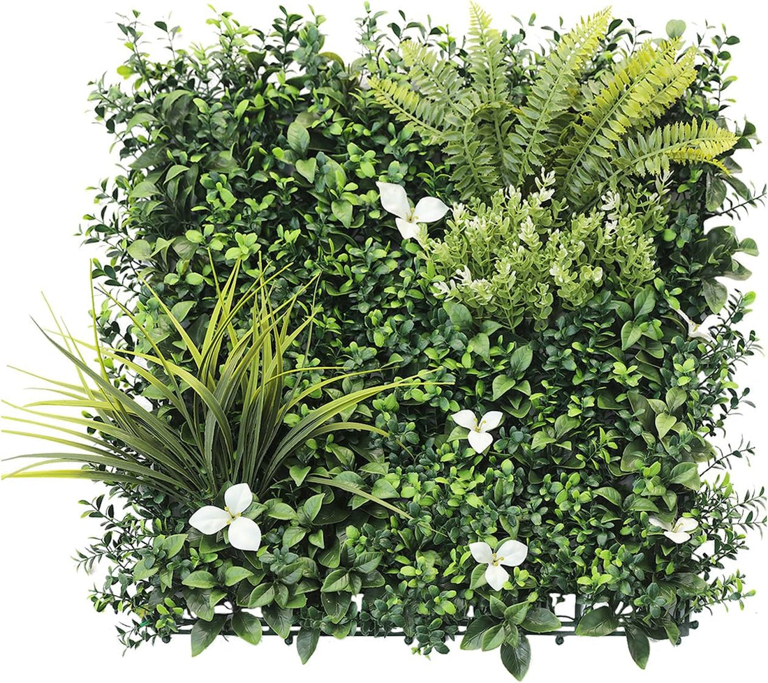 Artificial Greenery Wall Panels – 50x50 cm Faux Grass Backdrop with 3D Mixed Boxwood &amp; Ivy | Privacy Screen for Indoor &amp; Outdoor Décor | UV-Resistant Green Hedge for Bangalore Spaces