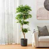 Easy-to-maintain faux ficus tree with vibrant green leaves and lifelike texture.