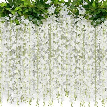 Scidweet 24 Pcs Artificial Wisteria Flowers – White Faux Hanging Vines for Wedding, Home, Garden &amp; Event