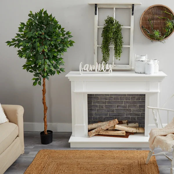 Real-touch artificial ficus tree crafted from high-quality fabric and wood for a natural look.