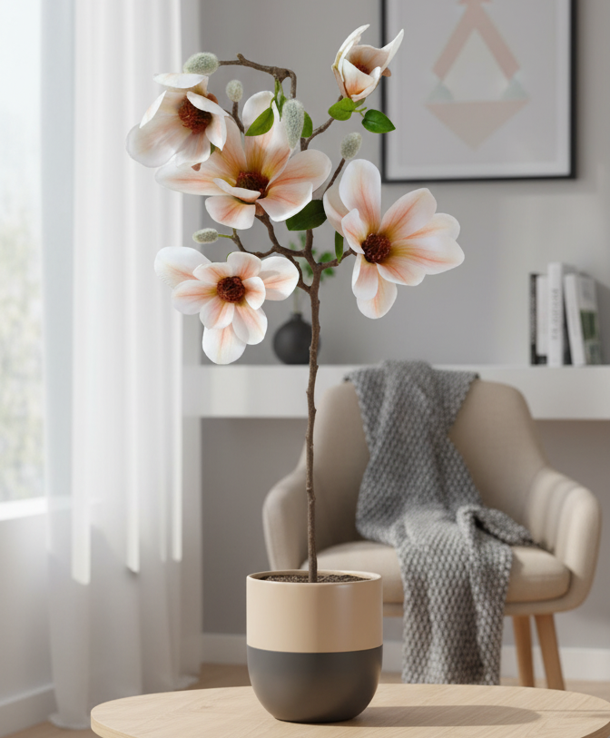 Modern living room with a coffee table, armchair, and decorative elements.