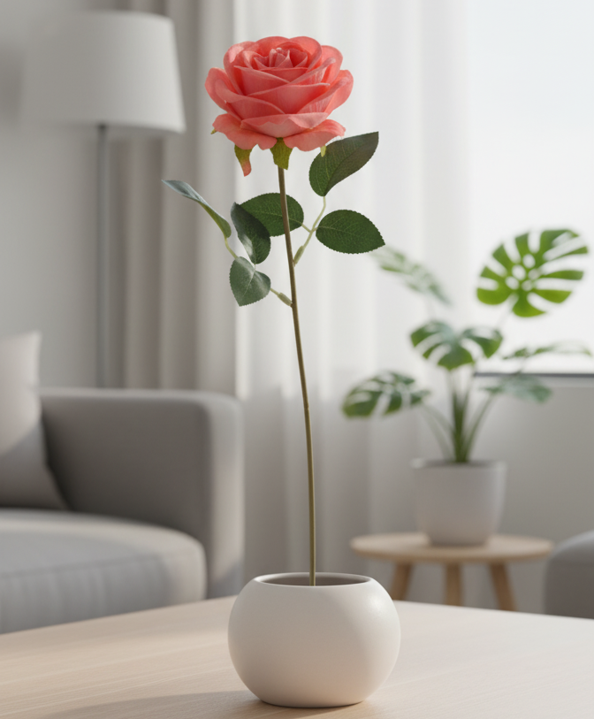 Decorative flower in a vase on a wooden coffee table in a living room.