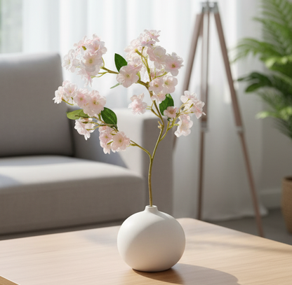 White vase with pink flowers on a wooden coffee table in a bright living room.