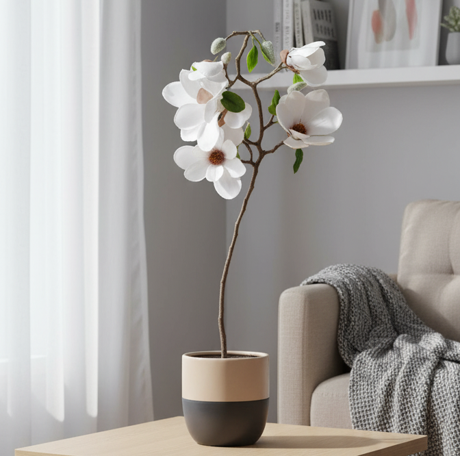 Small wooden table with a potted plant in a living room setting