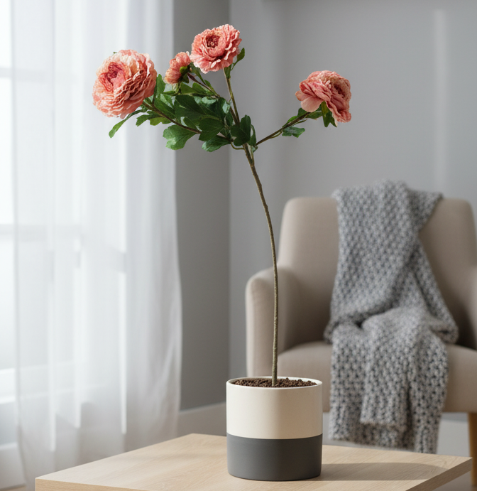 Potted plant with pink flowers on a table in a room with a chair and blanket.