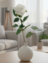 White rose in a white vase on a wooden table in a living room.