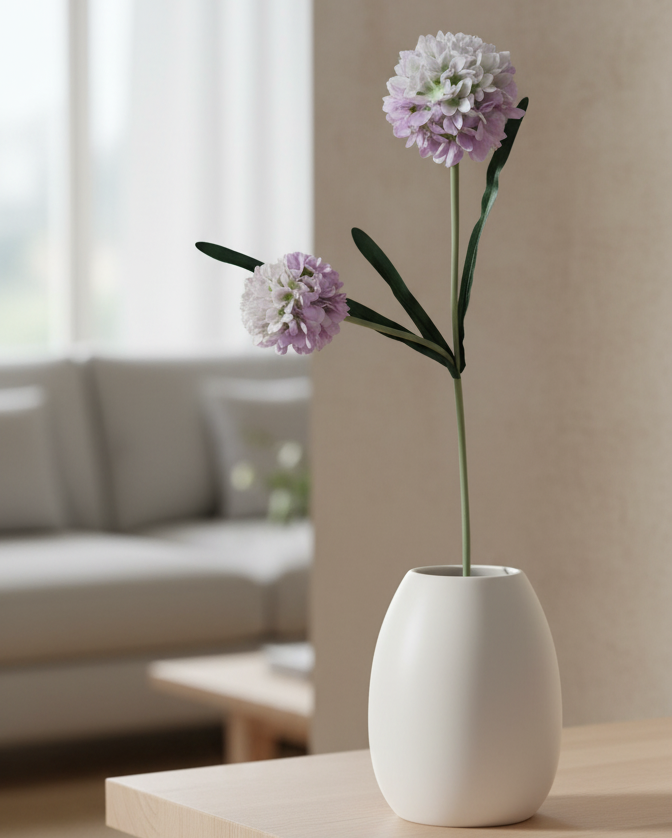 White vase with pink flowers on a wooden table in a living room setting