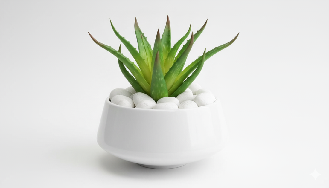 Small potted  Artificial Aloe vera plant with green leaves in a white pot on a light gray background