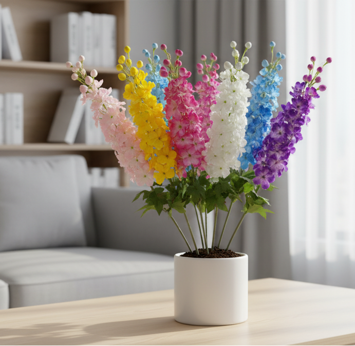 Colorful flowers in a pot on a coffee table with a gray sofa and bookshelf in the background