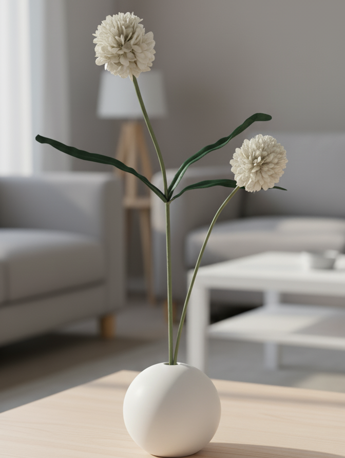 White vase with flowers on a wooden table in a living room setting