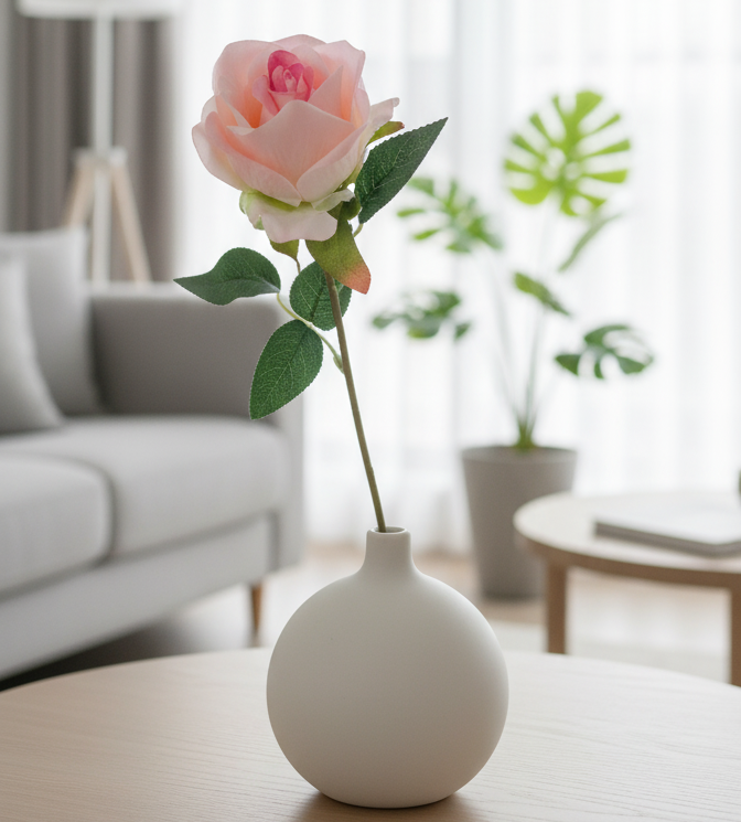 White vase with pink flower on a wooden table in a living room