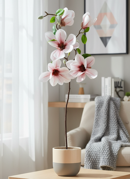 Floral arrangement on a wooden table in a living room setting