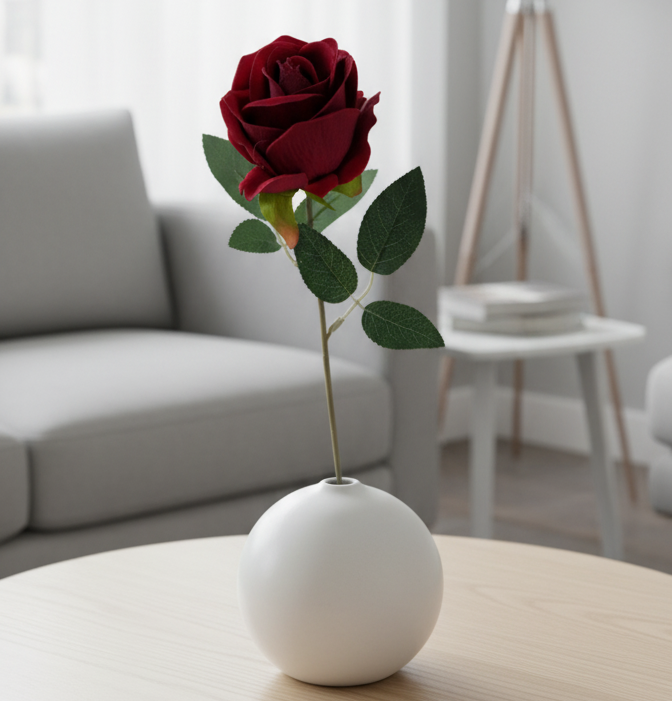 Red rose in a white vase on a wooden coffee table in a modern living room.
