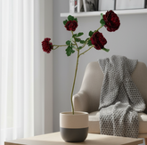 Modern living room with a coffee table, vase of red flowers, and gray sofa.