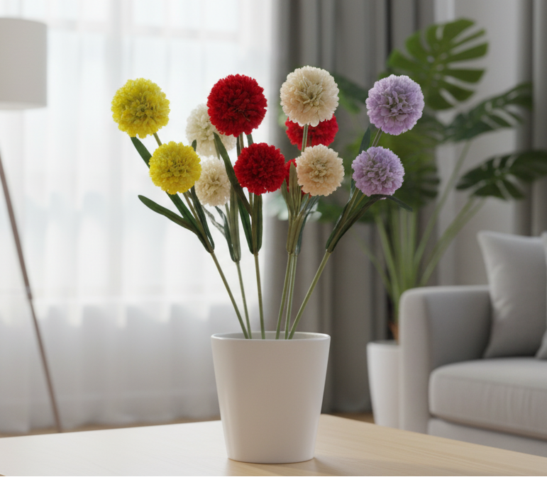 Floral arrangement in a pot on a coffee table with a living room setting.