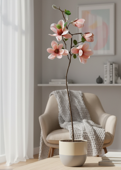 Living room with a potted plant on a coffee table, framed picture on the wall, and a chair with a blanket.