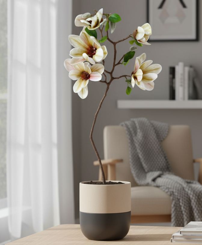 Decorative plant in a pot on a wooden table with a modern interior background