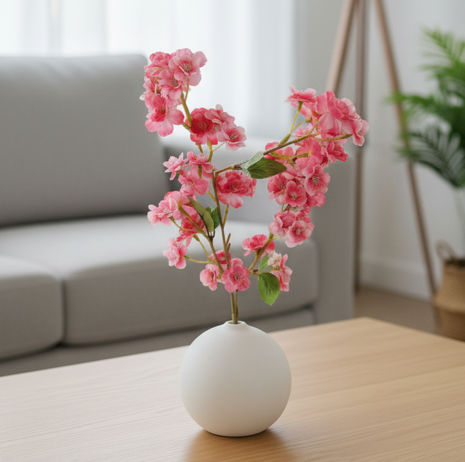 Floral arrangement in a white vase on a wooden coffee table in a living room.