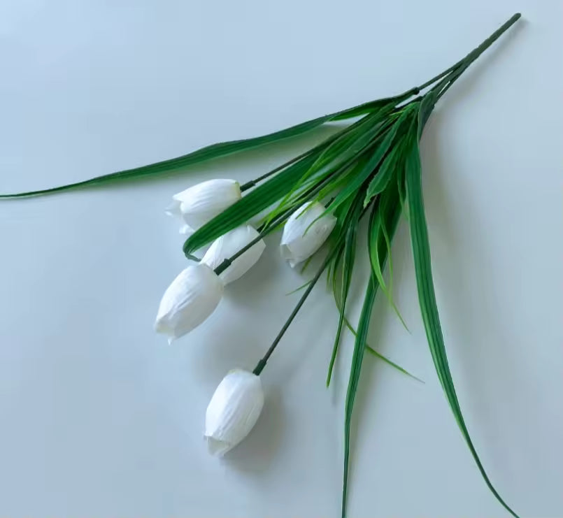 White tulips with green leaves on a light blue background