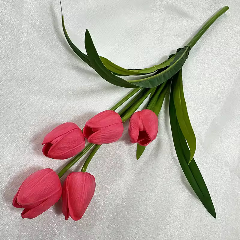 Pink tulips with green stems on a light gray background