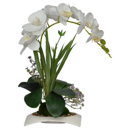 LuxiPlant white orchid artificial arrangement with lifelike petals and green leaves