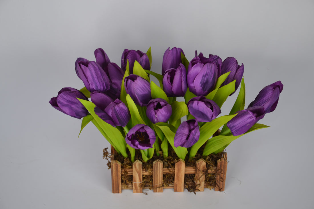 Compact faux purple tulip bouquet for tabletop décor – 10 inches tall