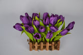 Compact faux purple tulip bouquet for tabletop décor – 10 inches tall