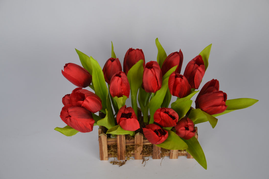 Realistic faux red tulips for table décor and interior styling