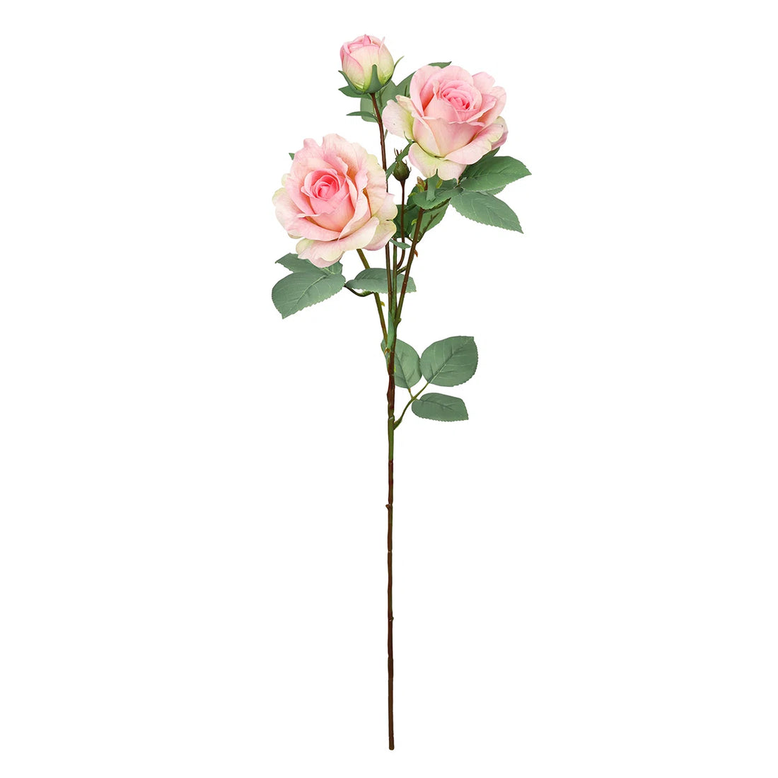 Artificial flower stem with pink roses on a white background