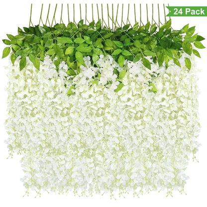 Scidweet 24 Pcs Artificial Wisteria Flowers – White Faux Hanging Vines for Wedding, Home, Garden &amp; Event