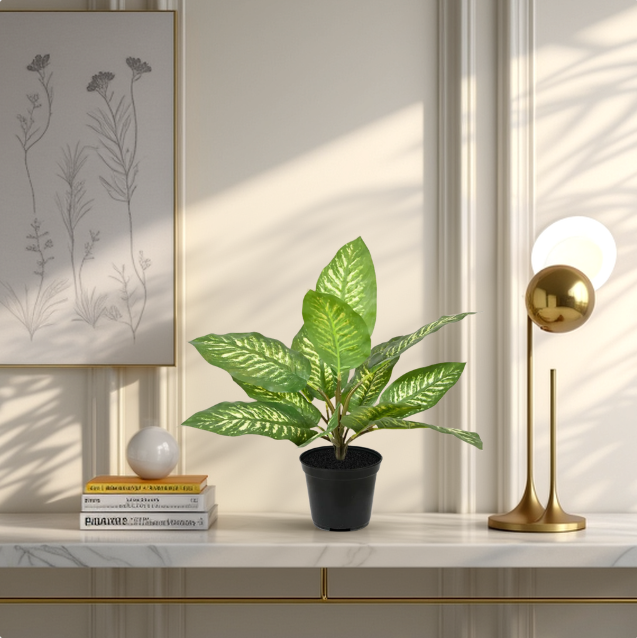 Potted plant on a shelf with books and a lamp in a stylish interior setting