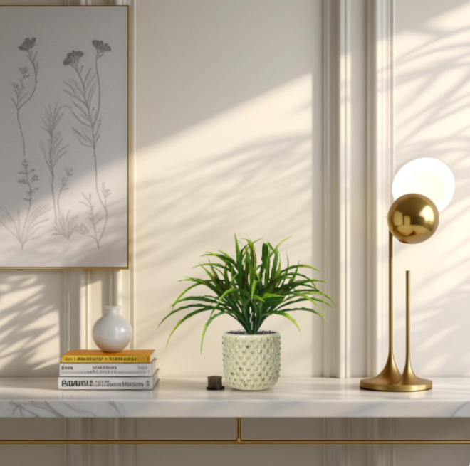 Decorative setup with a plant, books, and a lamp on a shelf.