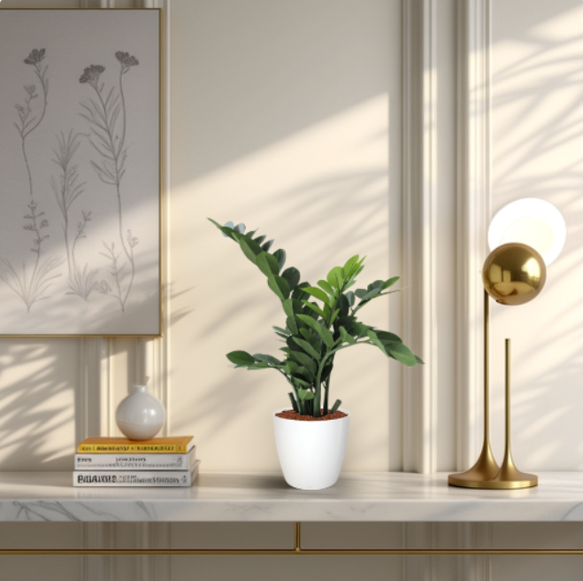Decorative setup with a potted plant, books, and a lamp on a shelf.