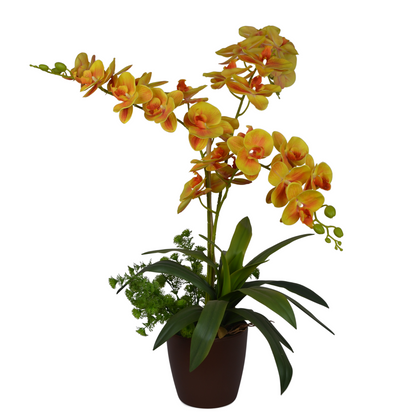 Tall faux yellow orchid plant with realistic blooms for home décor