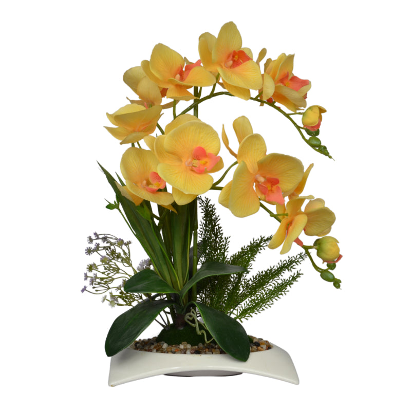 1 Ft Artificial Yellow Orchid Potted Plant – Bright Faux Blooms with Decorative Pot for Home, Office &amp; Tabletop Décor