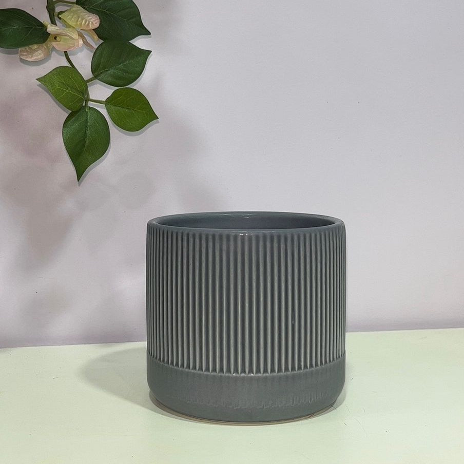 Gray ribbed planter on a light surface with a white background