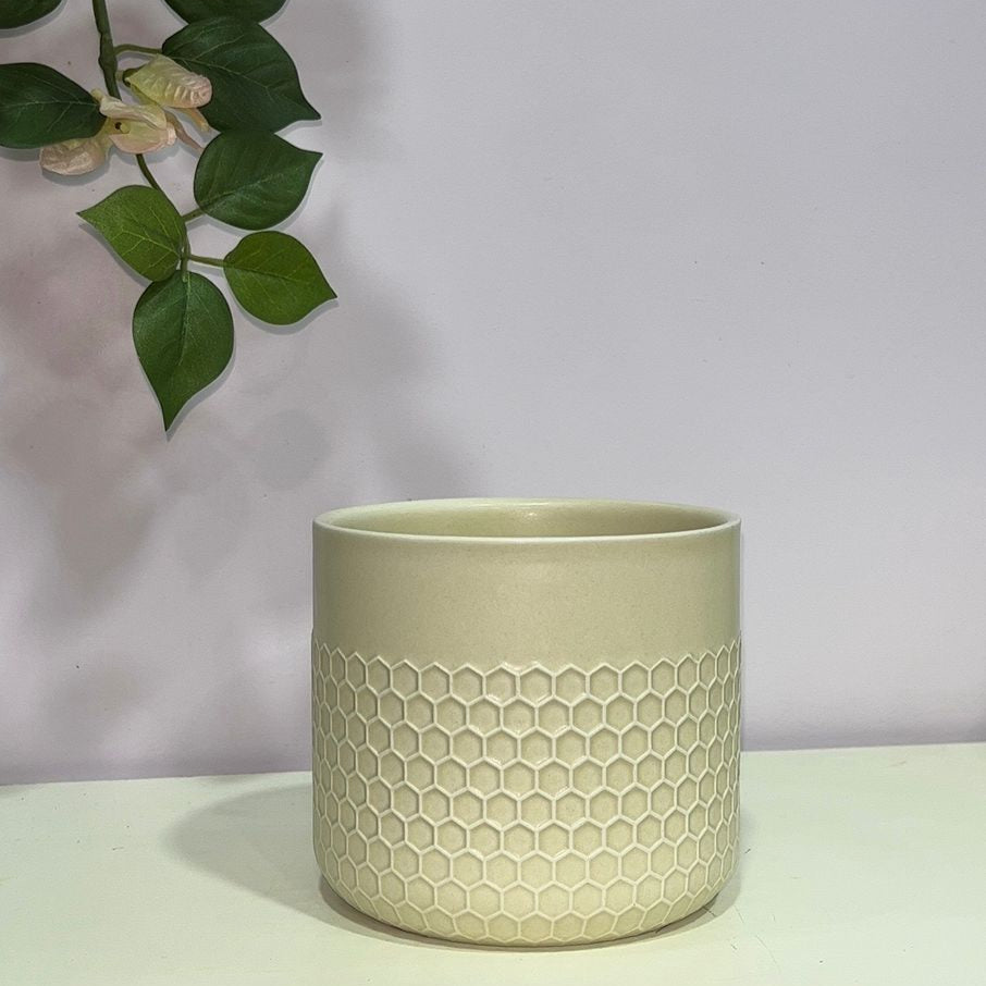 Green textured ceramic pot on a white surface with a light gray background