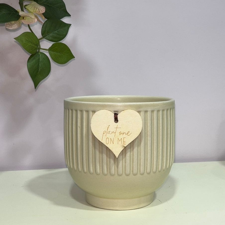 4 Inch Cream Ceramic Pot – Ribbed Textured Planter with Wooden Heart Tag
