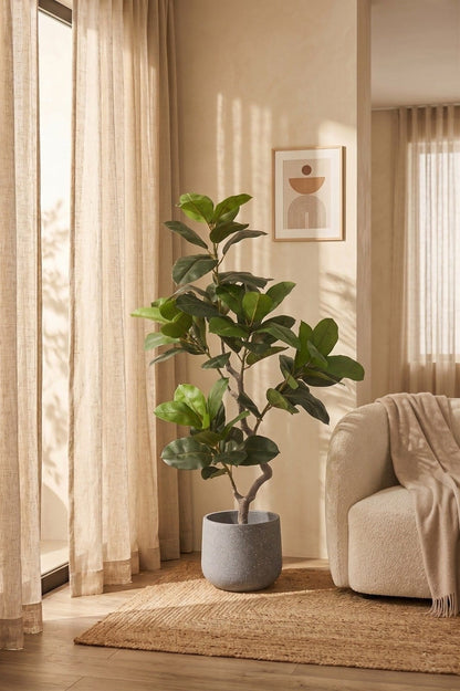 Potted plant in a living room with a neutral color scheme