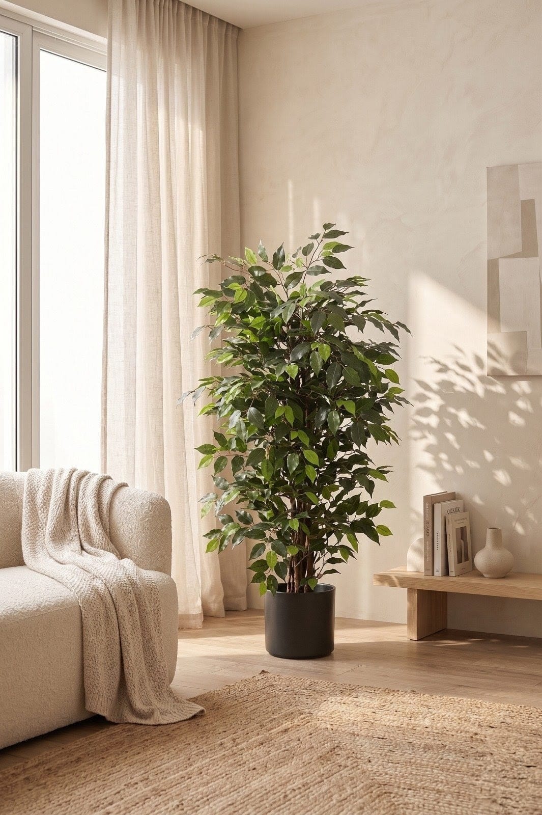 Living room with a potted plant, sofa, and books on a wooden shelf.