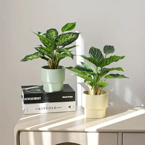 2 Ft  Bundle of Lifelike Artificial Green Plant Bonsai Decorations - Versatile Faux Evergreen Trees in Light Blue &amp; Beige Pots for Indoor Living Room and Outdoor Garden Display, No Maintenance Required, Artificial Plants for Home Decor – ideal for indoor botanical themes