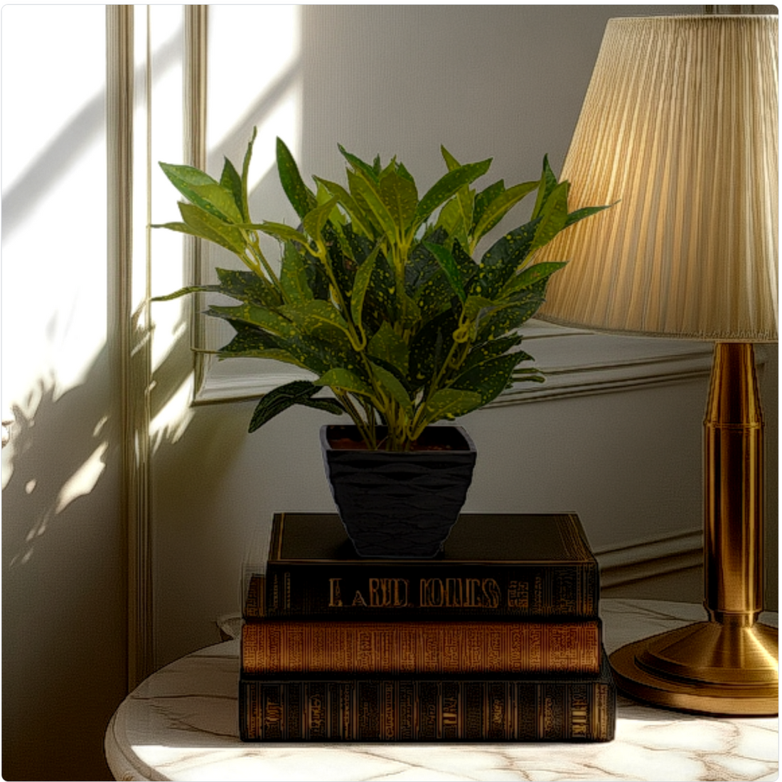 An artificial croton bush with a green fabric foliage, placed on top of three stacked books, next to a lamp with a beige lampshade.