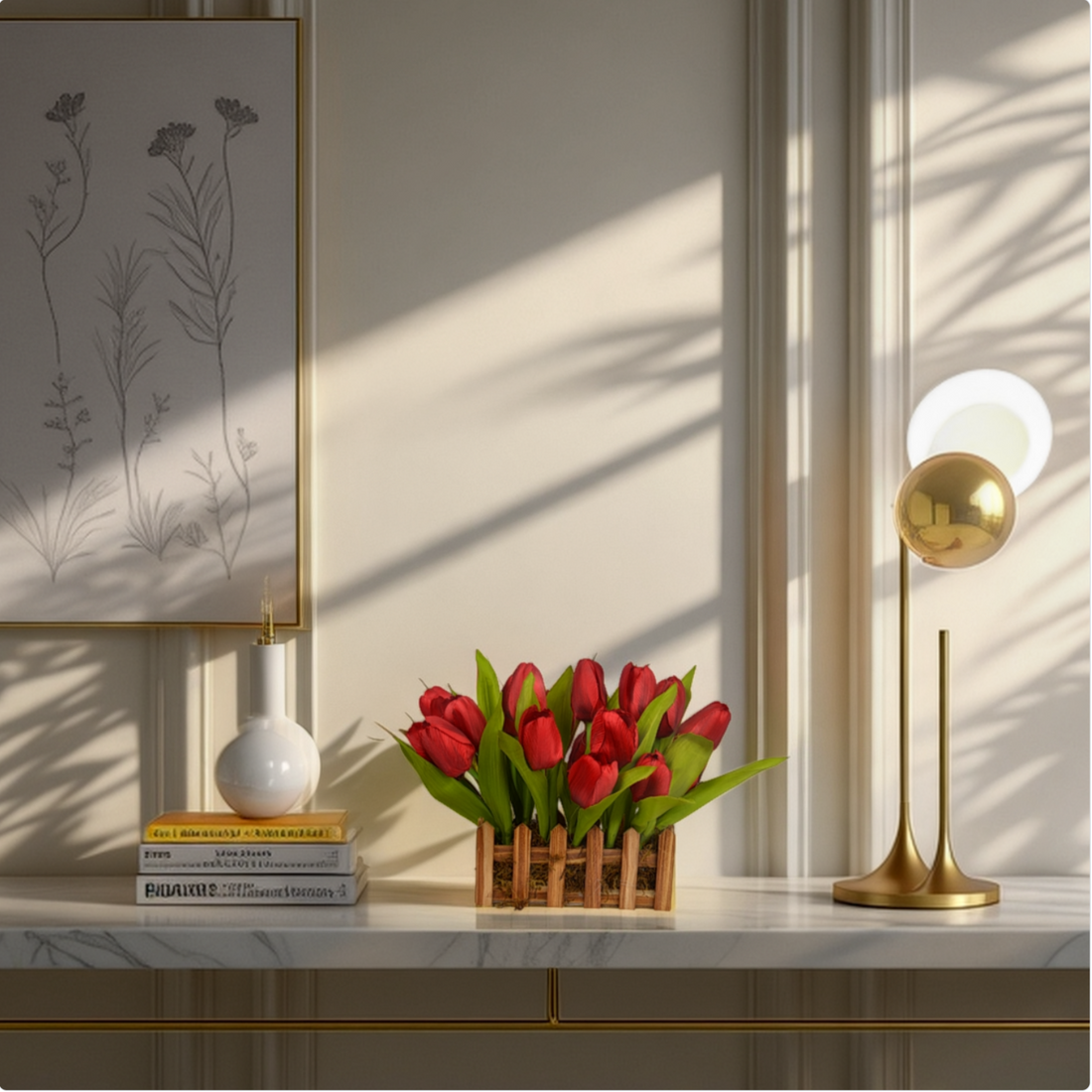 Artificial red tulip flower arrangement in decorative pot – LuxiPlant