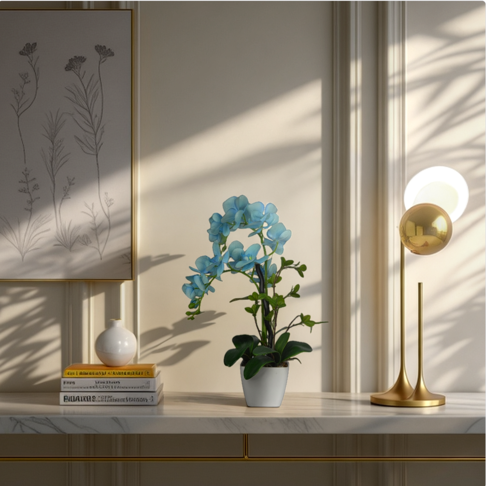 2 Ft Artificial Orchid Arrangement – Elegant Sky Blue Faux Blooms with Decorative Pot for Home, Office &amp; Indoor Décor